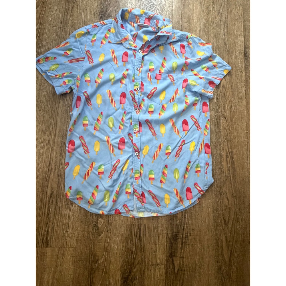 Cove Mens Medium Blue Popsicle Print Rayon‎ Short Sleeve Button Down Shirt